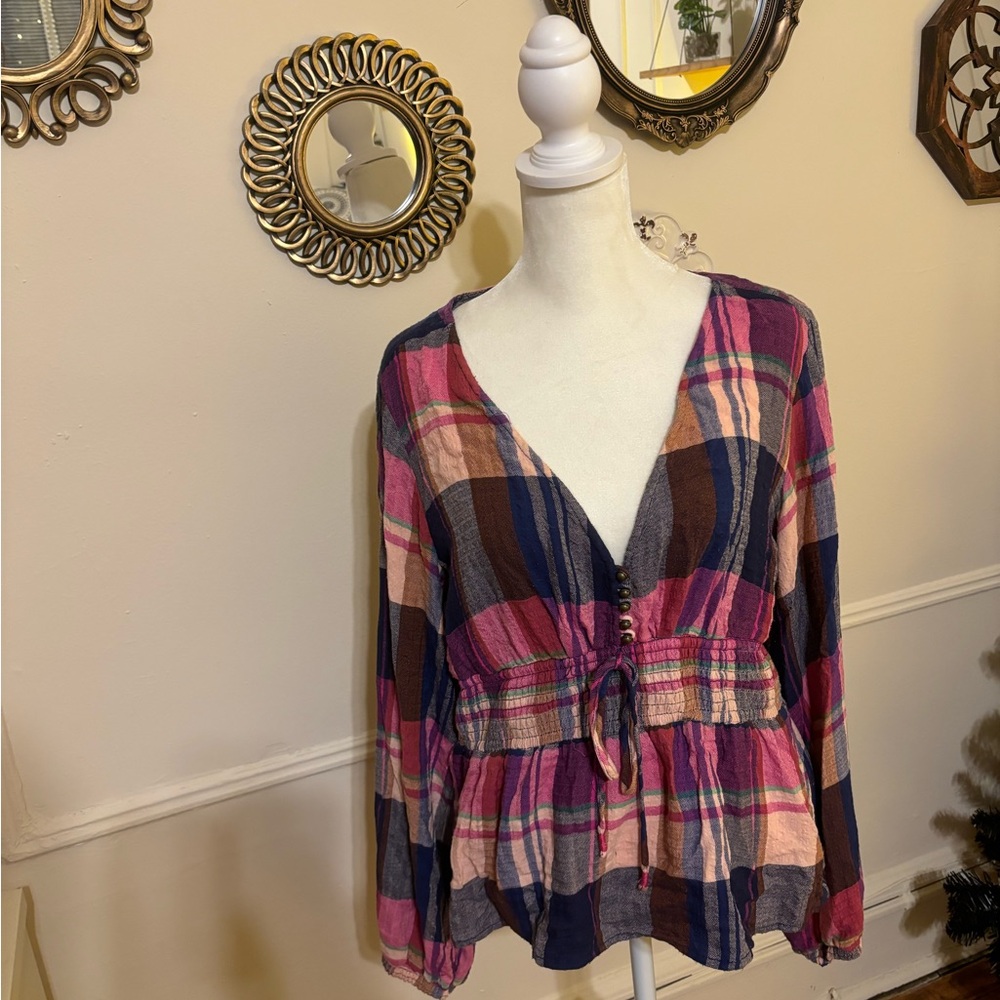 Anthropologie Picro Plaid Deep-V Blouse, Size M